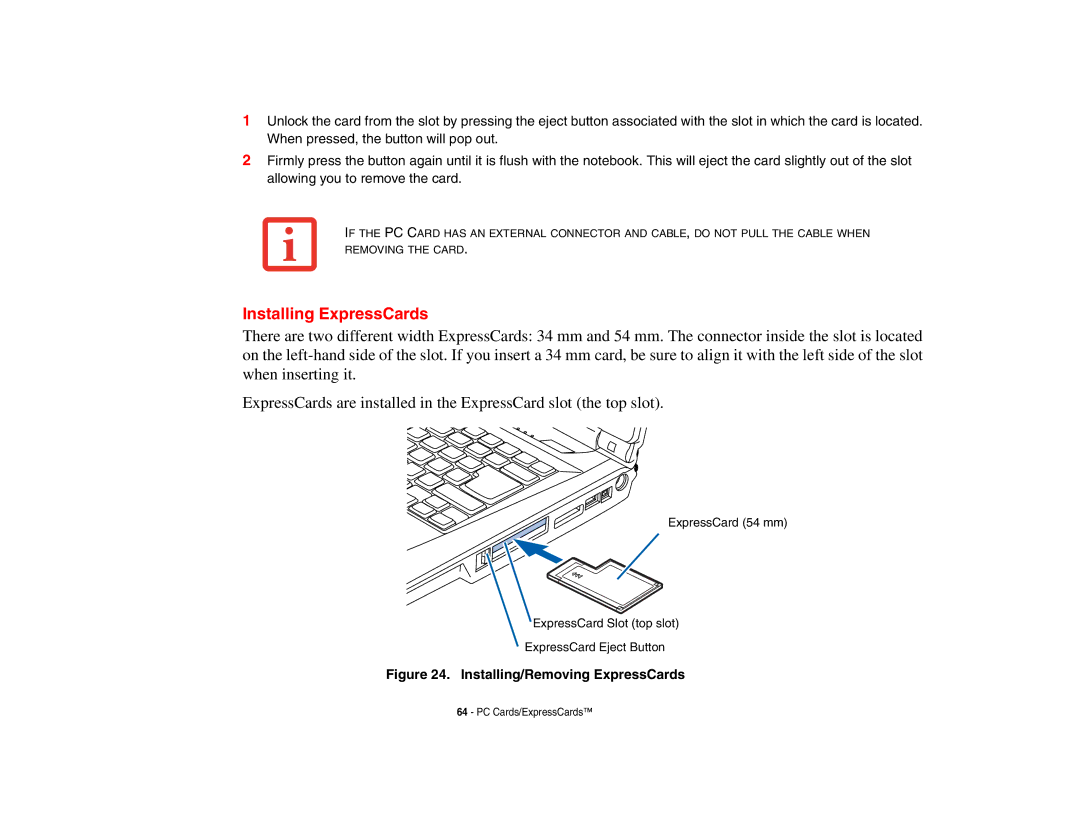 Fujitsu A3210 manual Installing ExpressCards, Installing/Removing ExpressCards 