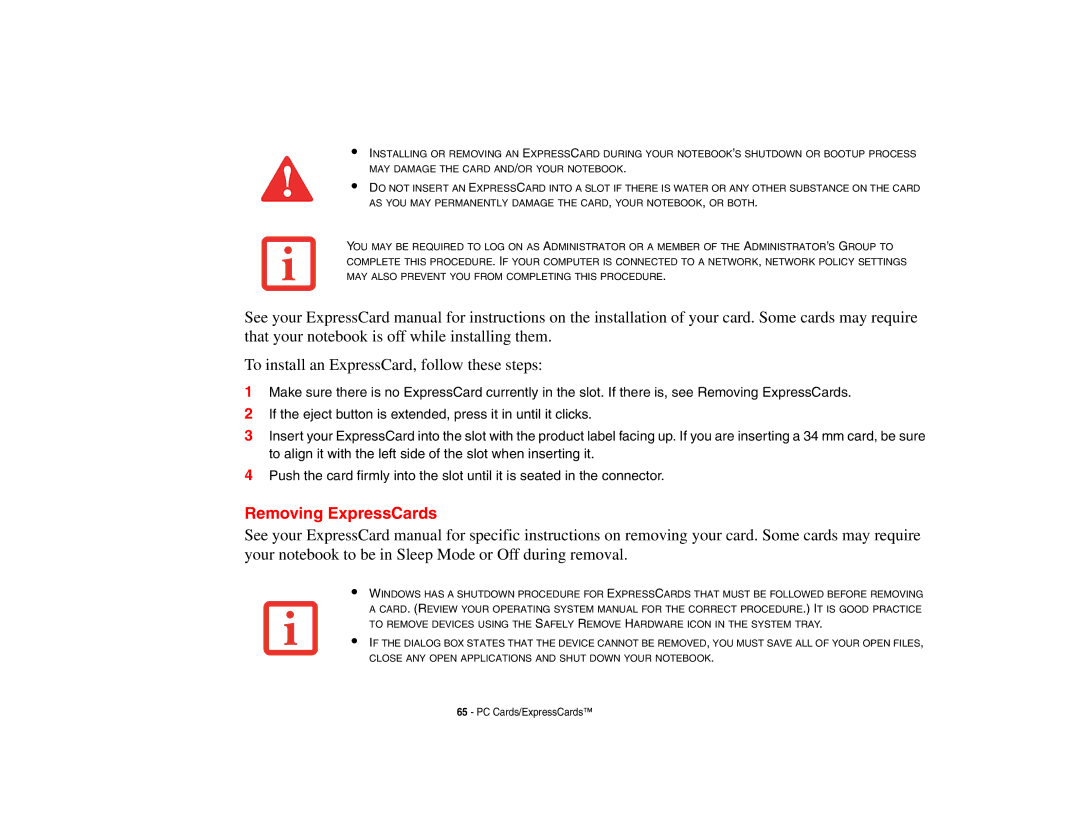 Fujitsu A3210 manual Removing ExpressCards 