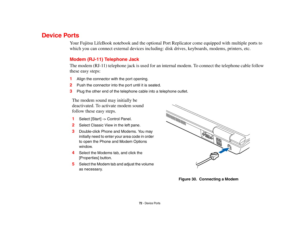 Fujitsu A3210 manual Device Ports, Modem RJ-11 Telephone Jack 