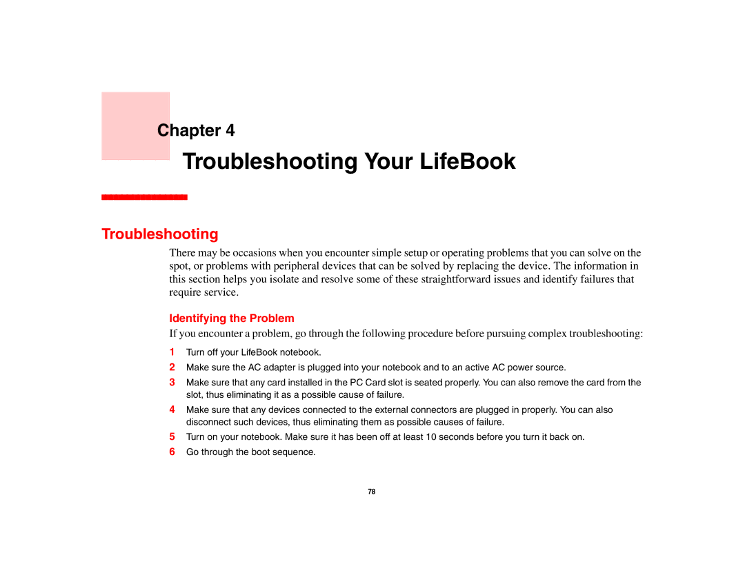 Fujitsu A3210 manual Troubleshooting Your LifeBook, Identifying the Problem 