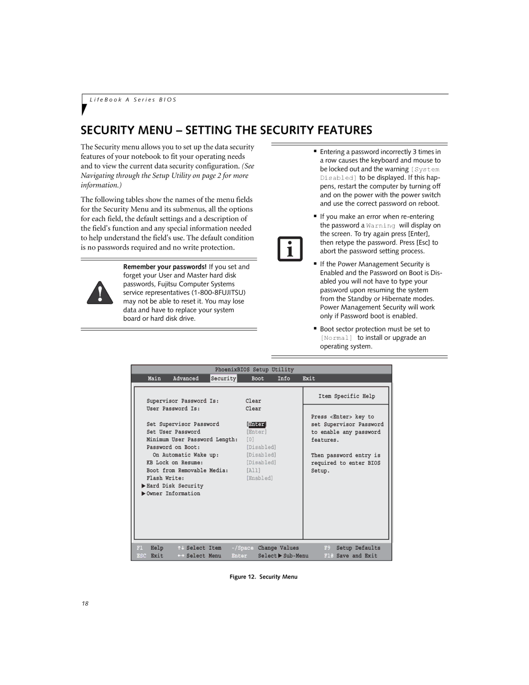 Fujitsu A6010 manual Security Menu Setting the Security Features, Info Exit 