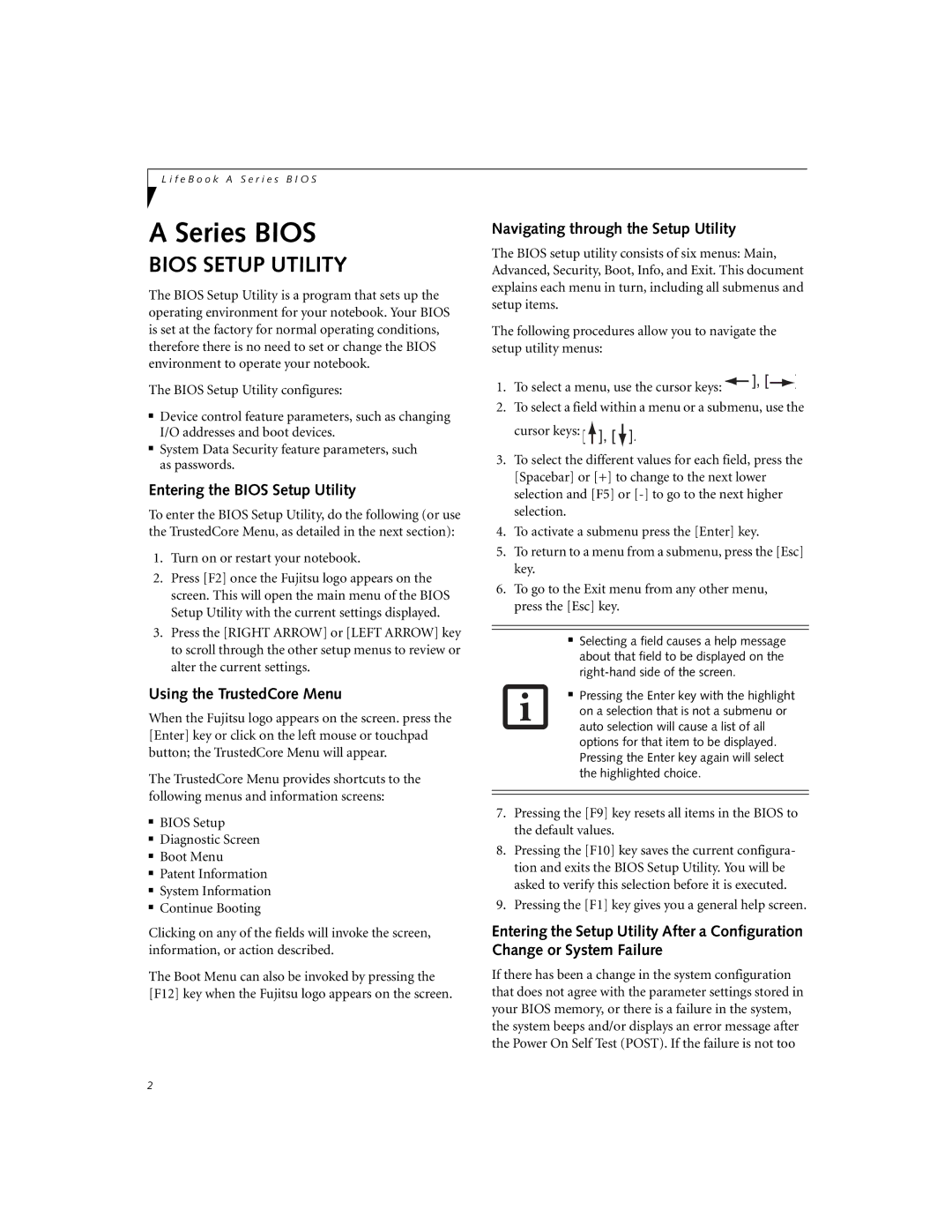 Fujitsu A6010 manual Entering the Bios Setup Utility, Using the TrustedCore Menu, Navigating through the Setup Utility 