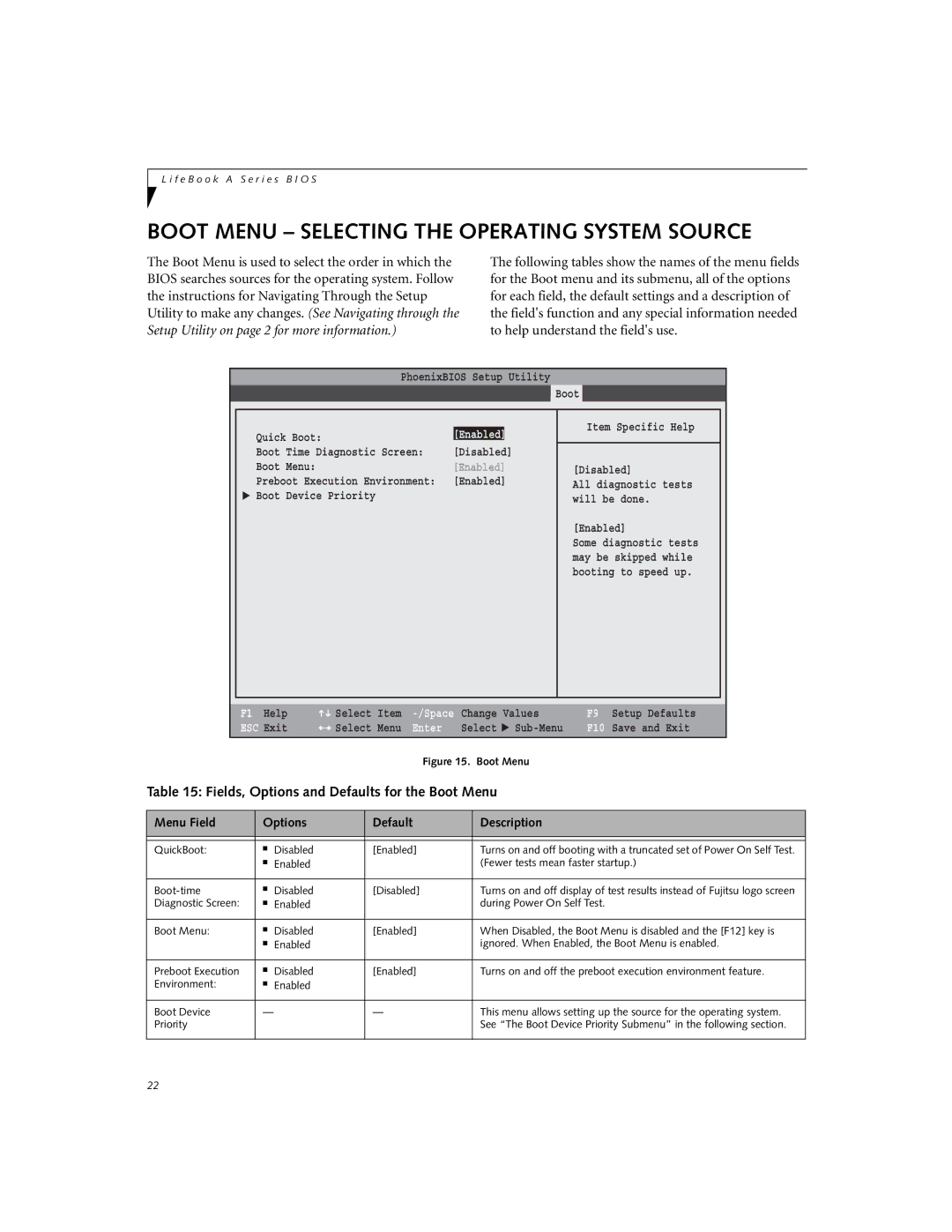 Fujitsu A6010 manual Boot Menu Selecting the Operating System Source, Fields, Options and Defaults for the Boot Menu 