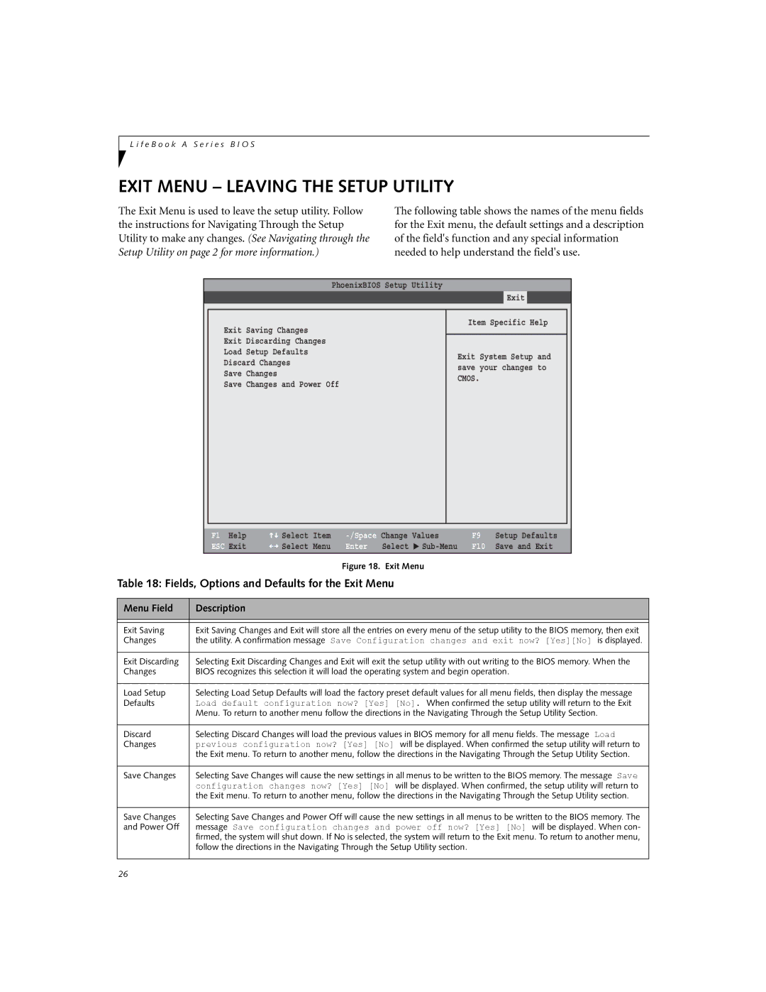 Fujitsu A6010 Exit Menu Leaving the Setup Utility, Fields, Options and Defaults for the Exit Menu, Exit Saving, Changes 