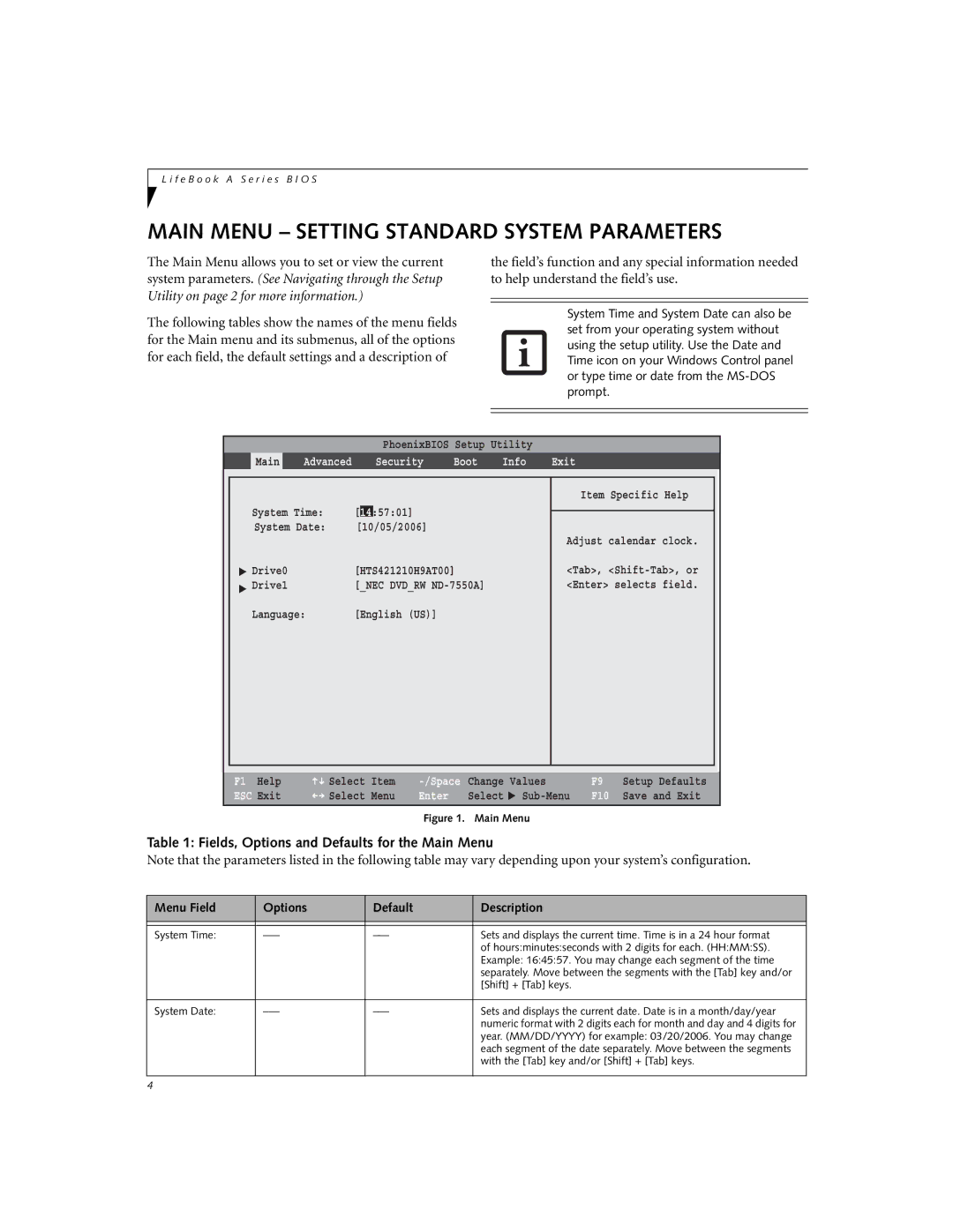 Fujitsu A6010 manual Main Menu Setting Standard System Parameters, Fields, Options and Defaults for the Main Menu 