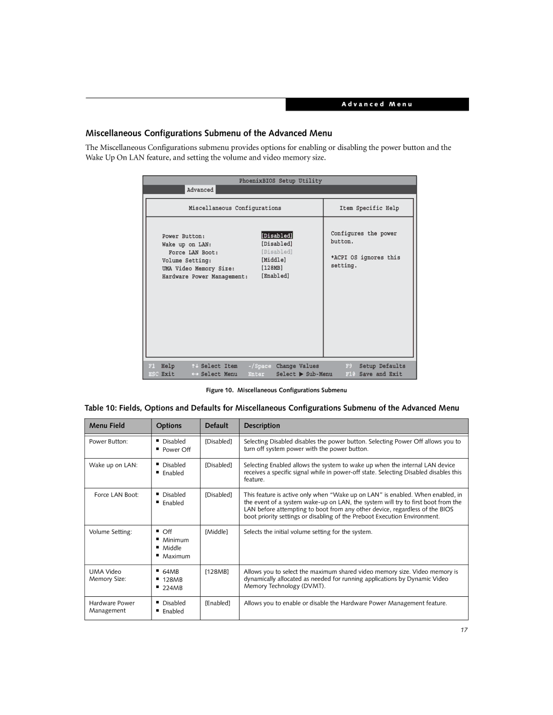 Fujitsu A6020, A6025 manual Miscellaneous Configurations Submenu of the Advanced Menu, Power Button Disabled, Feature 