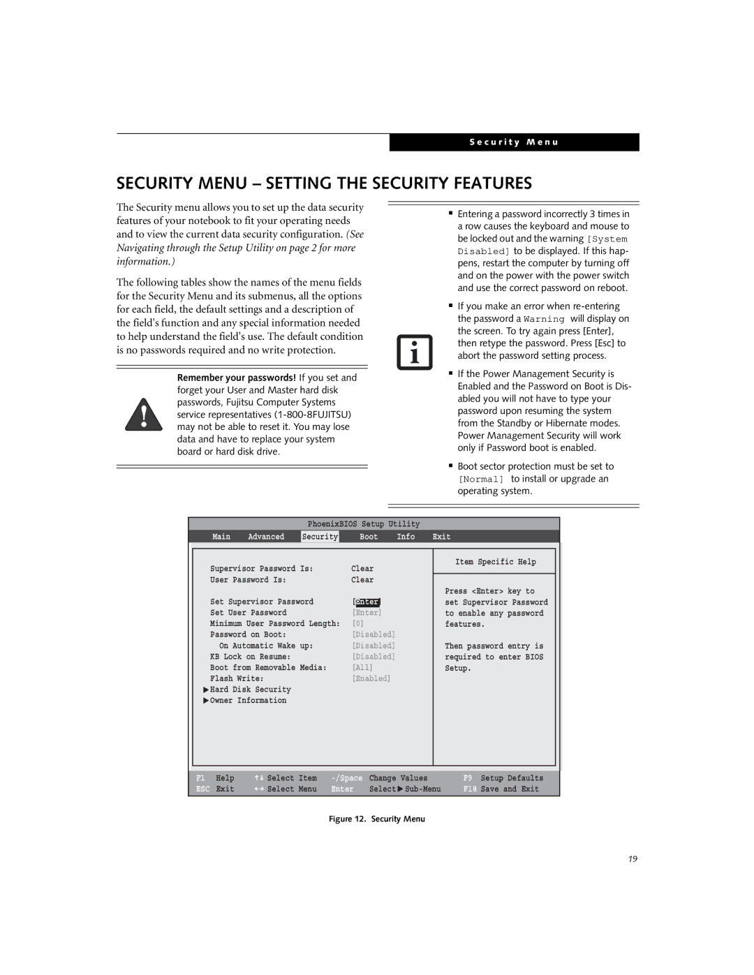 Fujitsu A6020, A6025 manual Security Menu Setting the Security Features, Info Exit 