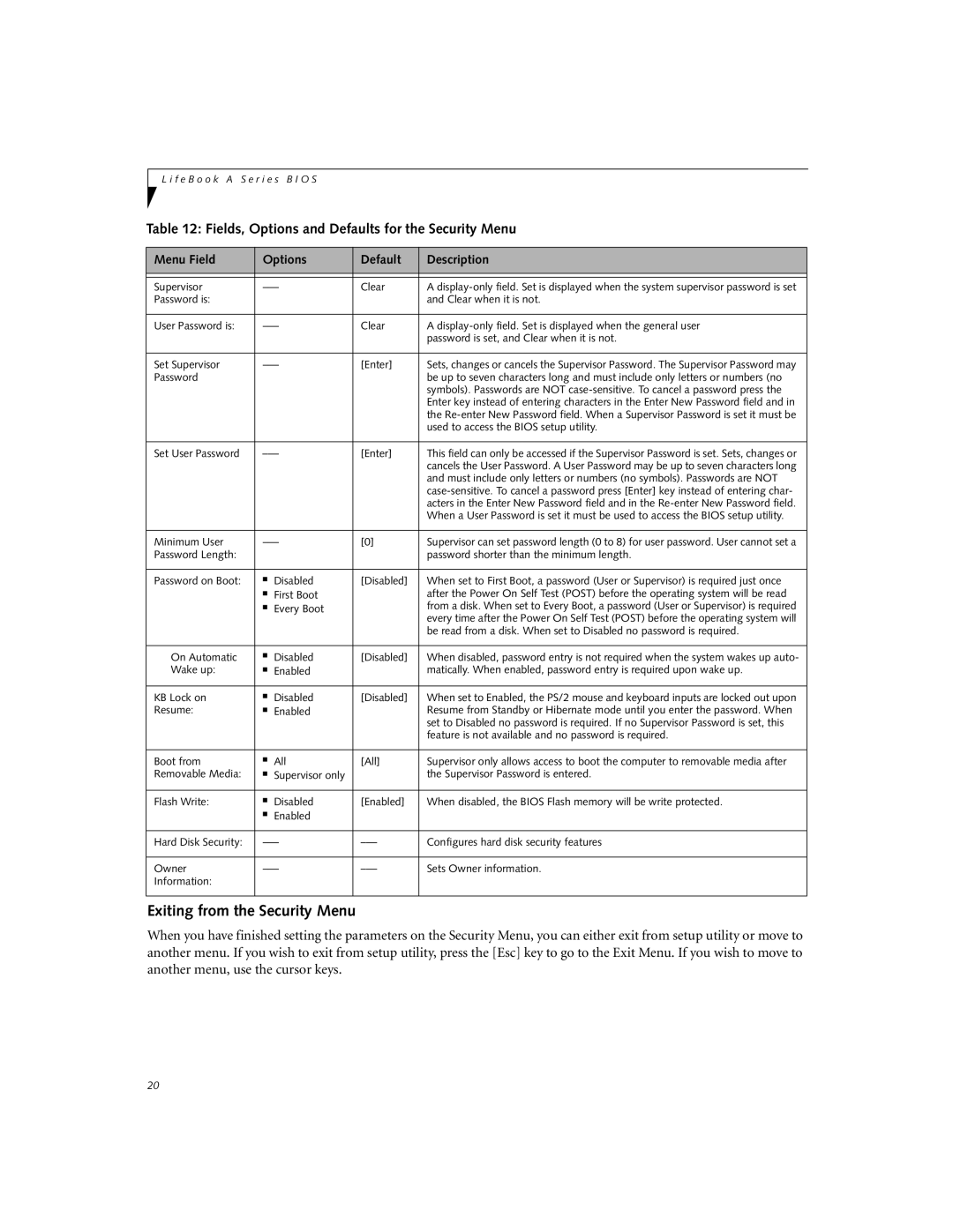 Fujitsu A6025, A6020 manual Exiting from the Security Menu, Fields, Options and Defaults for the Security Menu 