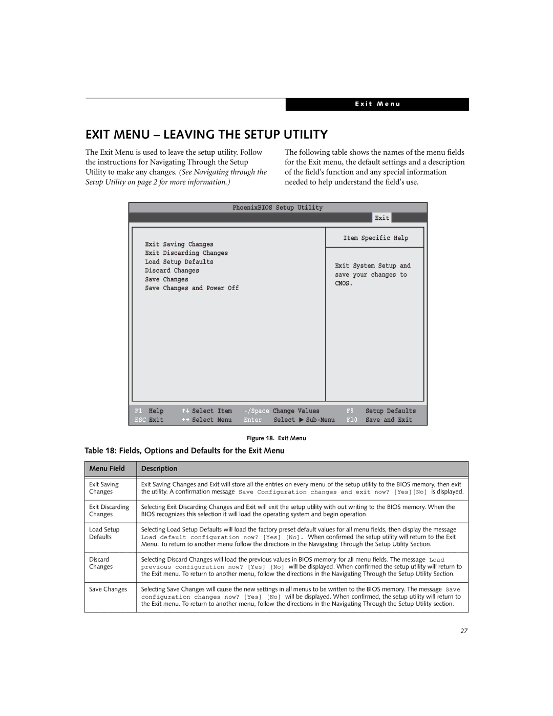 Fujitsu A6020 Exit Menu Leaving the Setup Utility, Fields, Options and Defaults for the Exit Menu, Exit Saving, Changes 