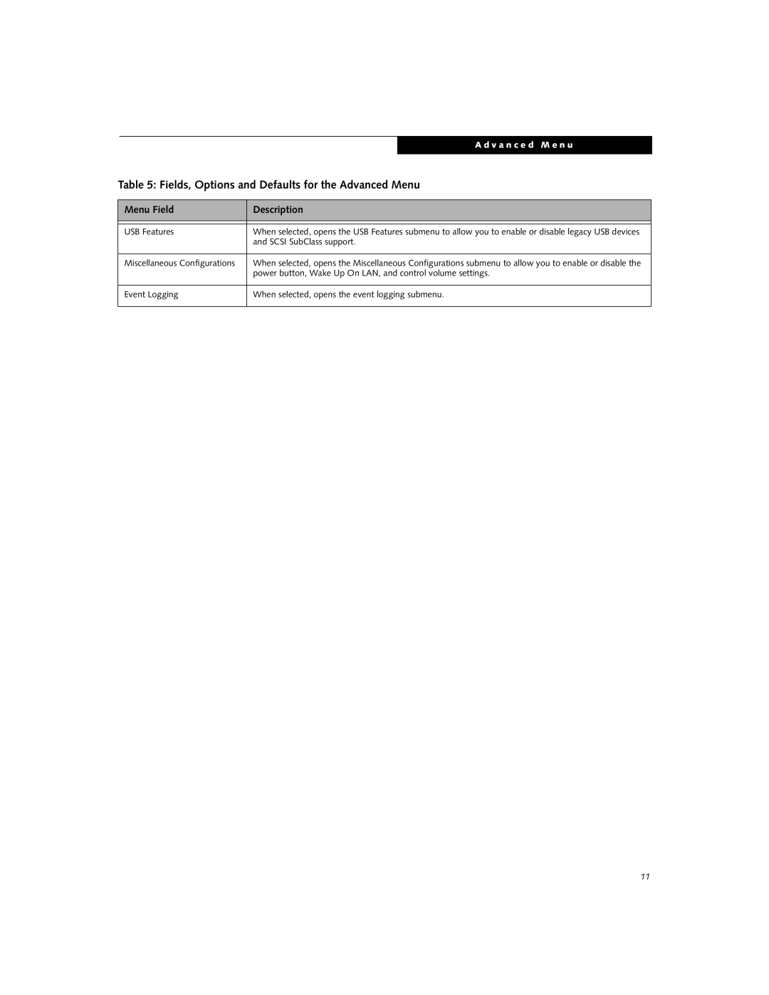 Fujitsu A6110 manual USB Features, Scsi SubClass support, Miscellaneous Configurations 