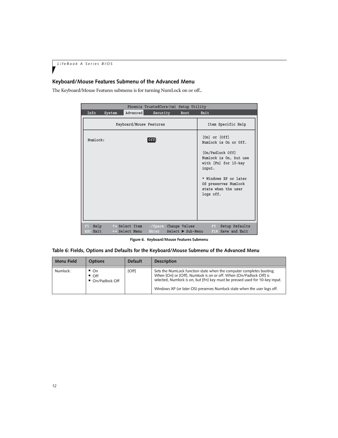 Fujitsu A6110 manual Keyboard/Mouse Features Submenu of the Advanced Menu, Info System, Off 