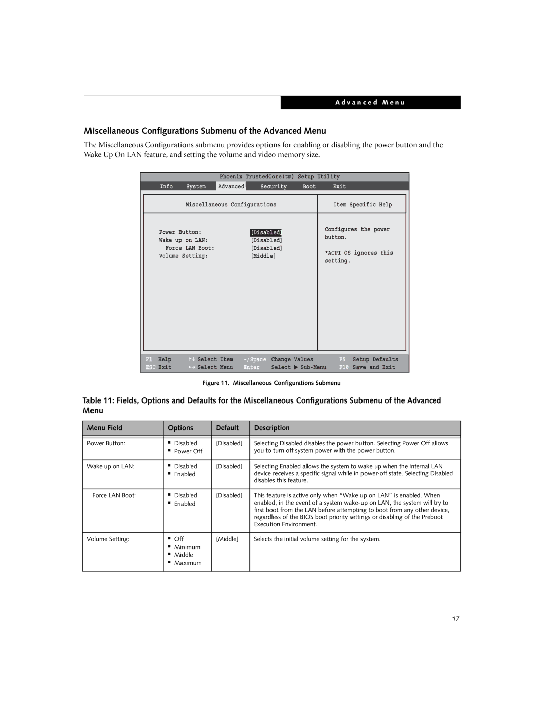 Fujitsu A6110 manual Miscellaneous Configurations Submenu of the Advanced Menu, Disables this feature 