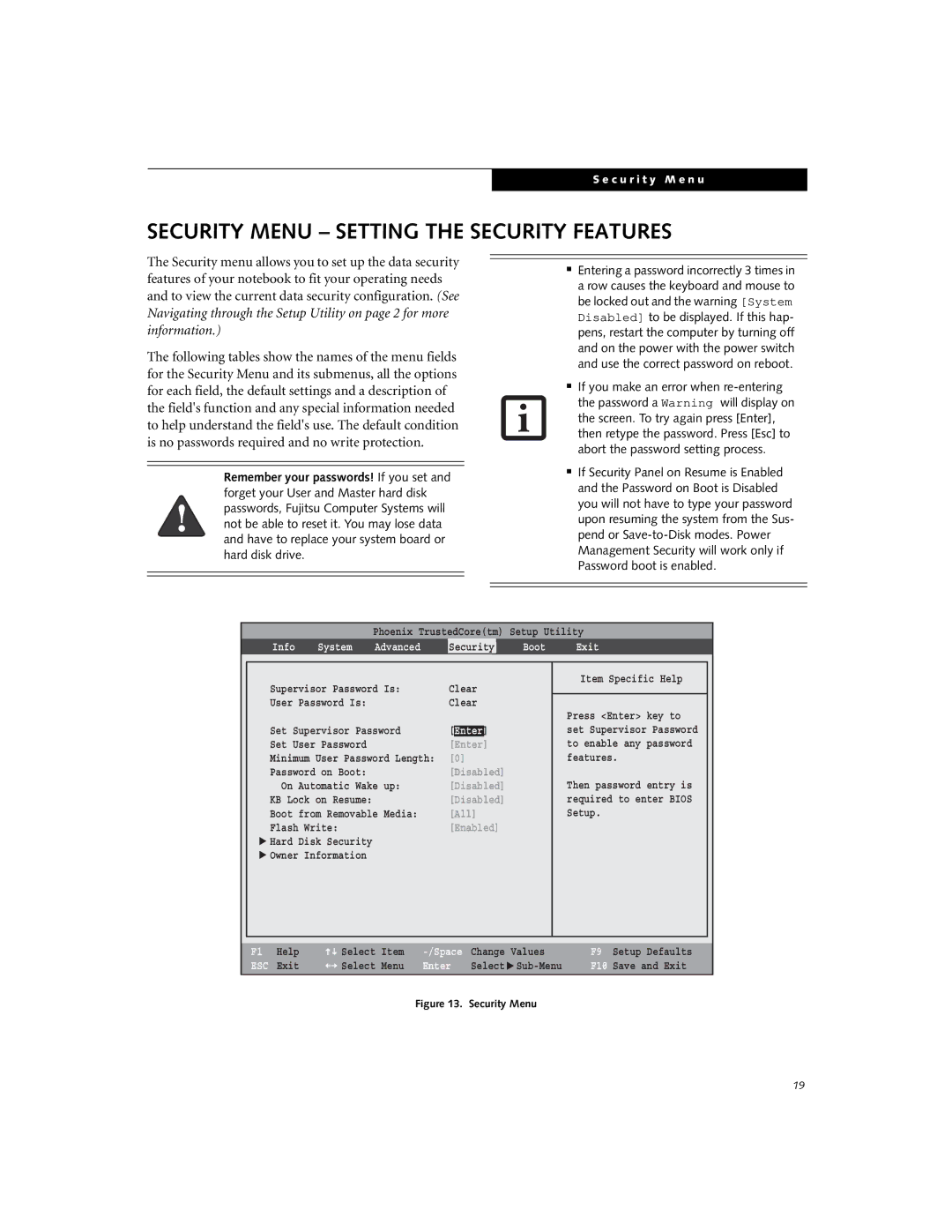 Fujitsu A6110 manual Security Menu Setting the Security Features, Boot Exit 