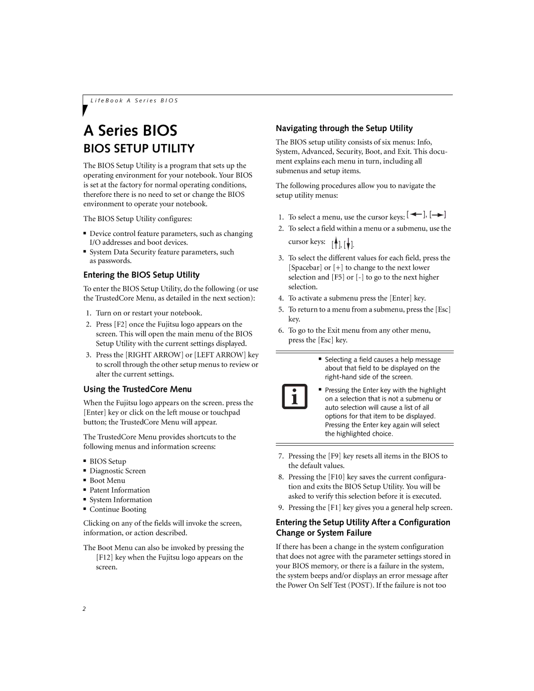 Fujitsu A6110 manual Entering the Bios Setup Utility, Using the TrustedCore Menu, Navigating through the Setup Utility 