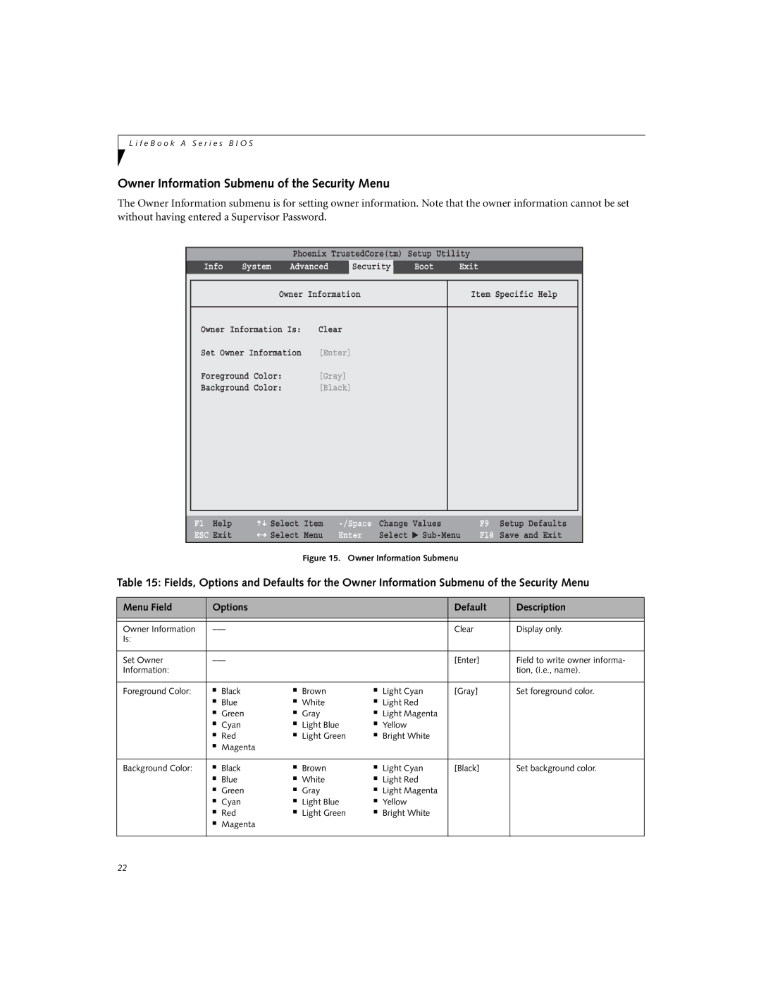 Fujitsu A6110 manual Owner Information Submenu of the Security Menu, Info System Advanced 