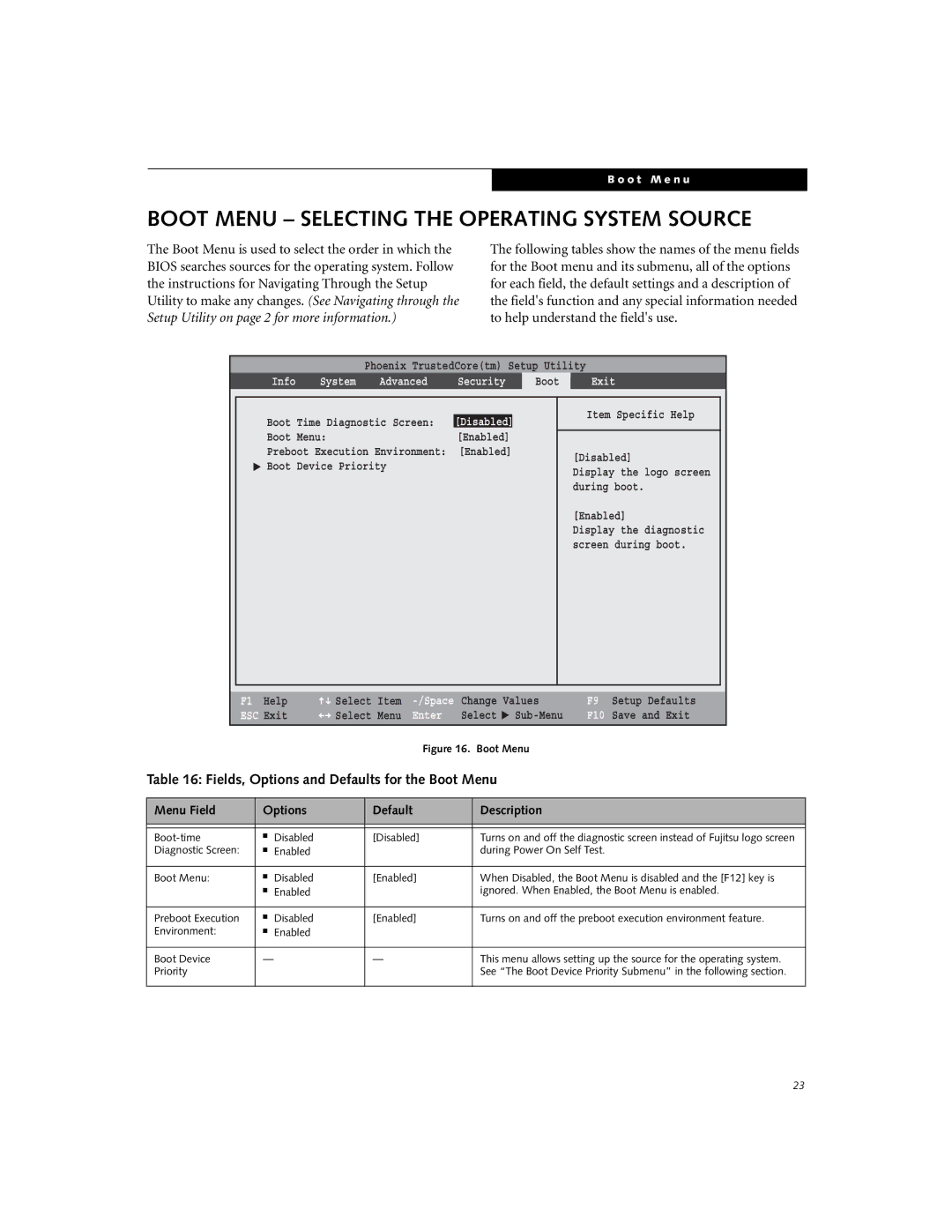 Fujitsu A6110 manual Boot Menu Selecting the Operating System Source, Fields, Options and Defaults for the Boot Menu 