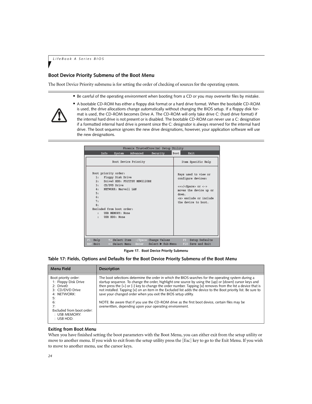 Fujitsu A6110 manual Boot Device Priority Submenu of the Boot Menu, Exiting from Boot Menu 