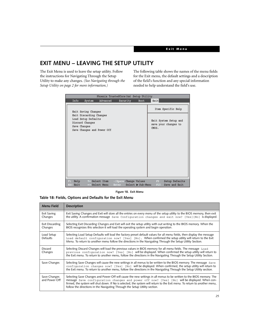 Fujitsu A6110 Exit Menu Leaving the Setup Utility, Fields, Options and Defaults for the Exit Menu, Exit Saving, Changes 