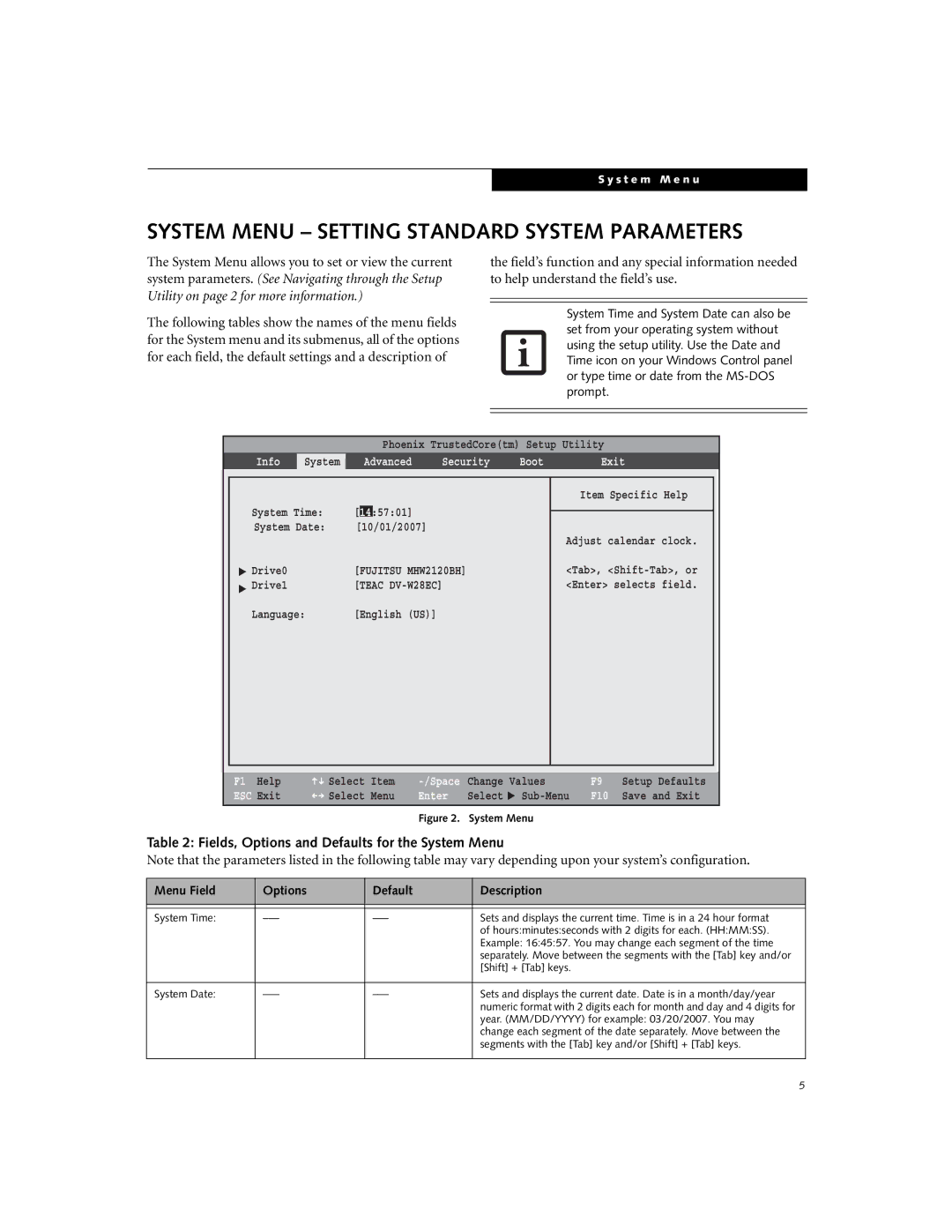 Fujitsu A6110 manual System Menu Setting Standard System Parameters, Fields, Options and Defaults for the System Menu, Info 