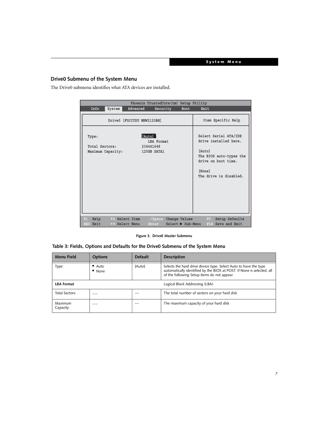 Fujitsu A6110 Drive0 Submenu of the System Menu, Auto, Following Setup items do not appear, Logical Block Addressing LBA 