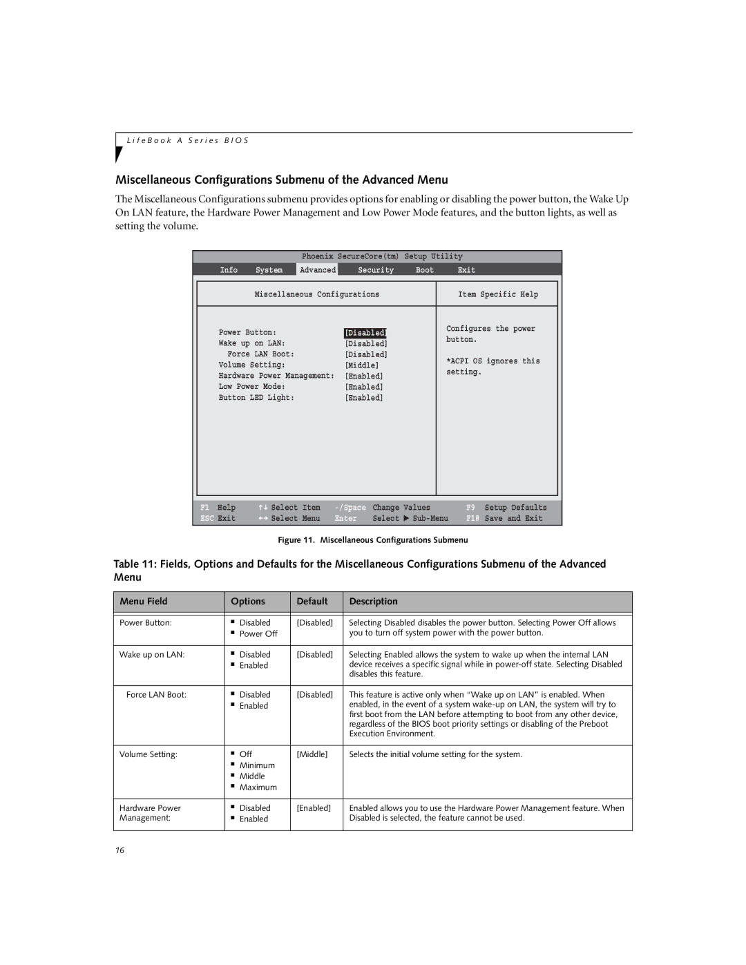 Fujitsu A6210 manual Miscellaneous Configurations Submenu of the Advanced Menu, Disables this feature 