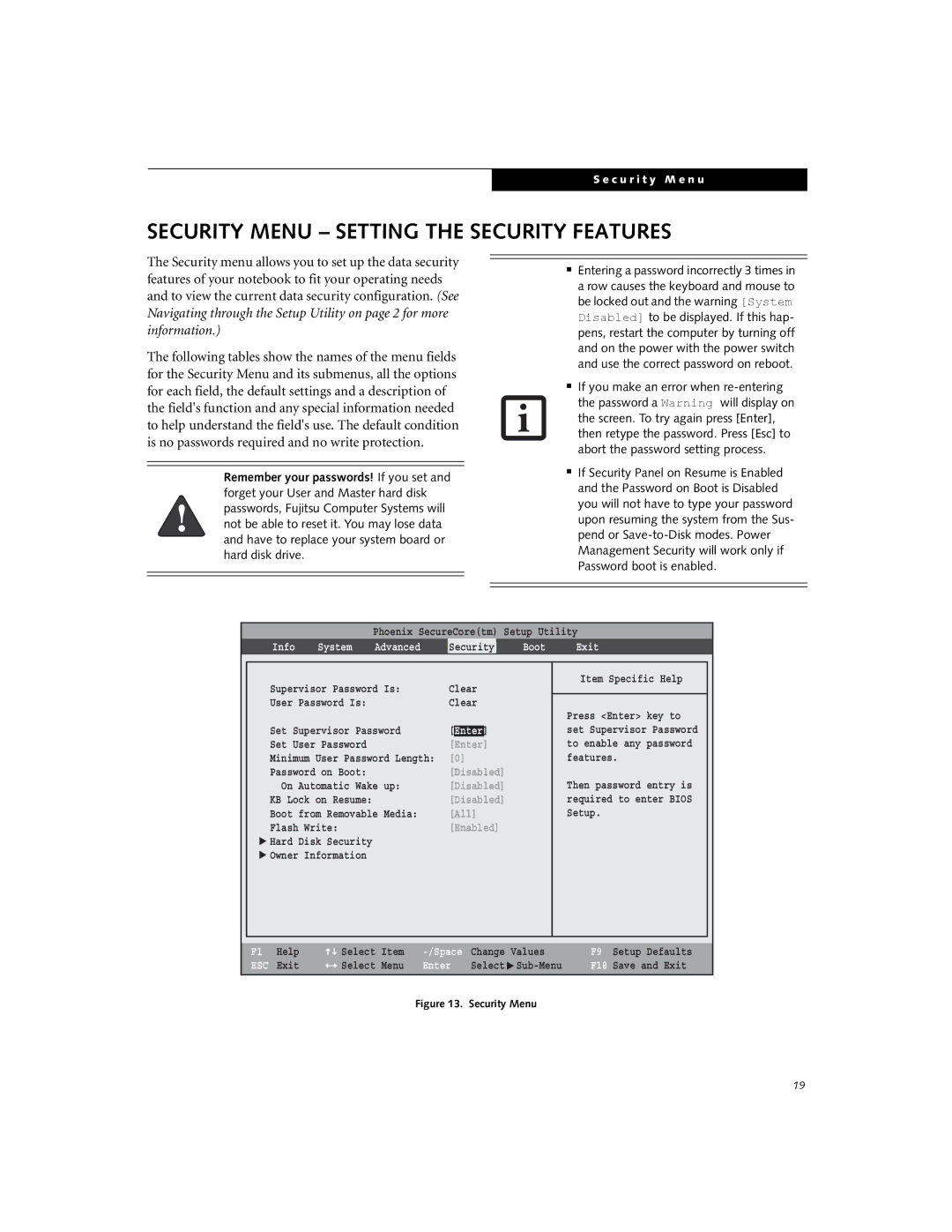 Fujitsu A6210 manual Security Menu Setting the Security Features, Boot Exit 