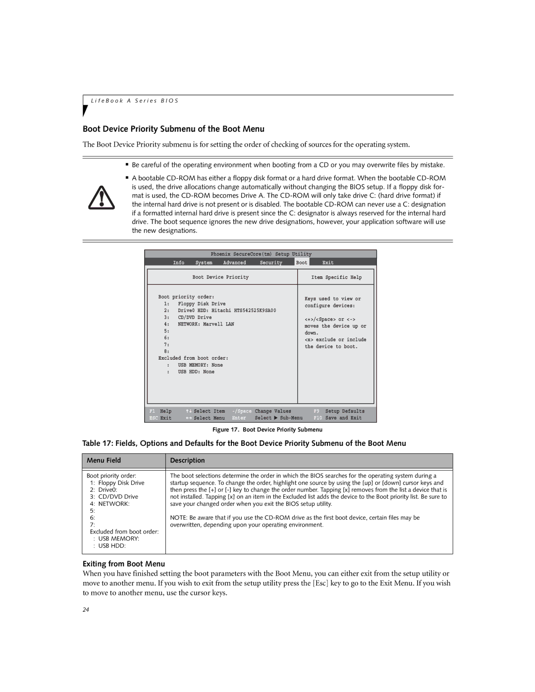 Fujitsu A6210 manual Boot Device Priority Submenu of the Boot Menu, Exiting from Boot Menu 