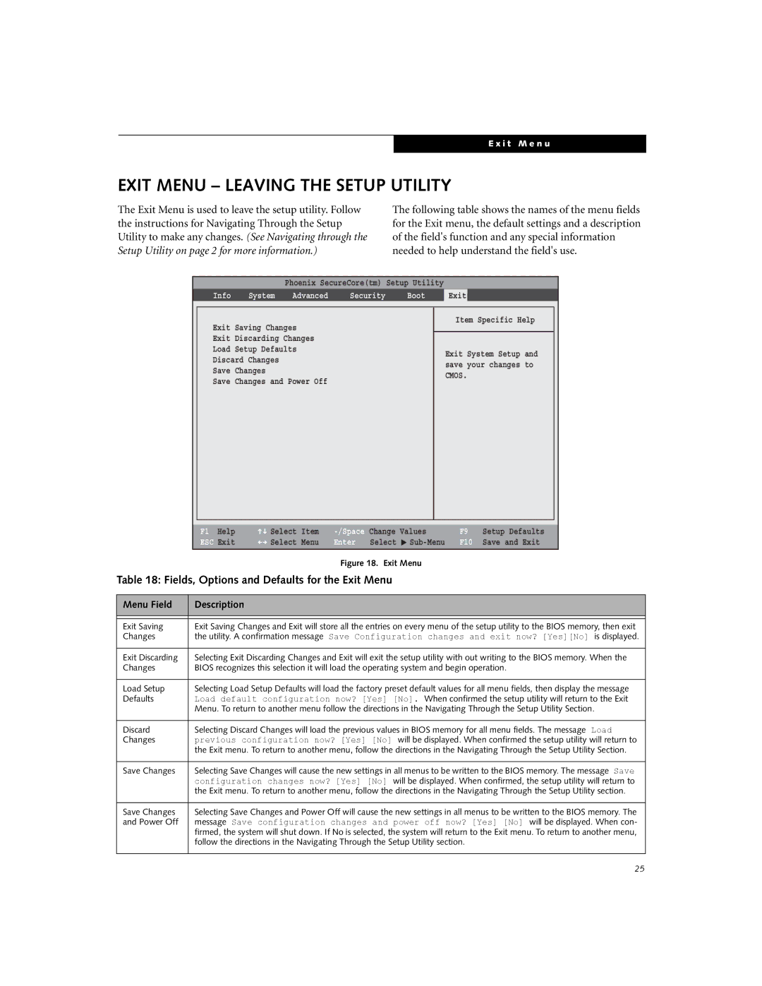 Fujitsu A6210 Exit Menu Leaving the Setup Utility, Fields, Options and Defaults for the Exit Menu, Exit Saving, Changes 