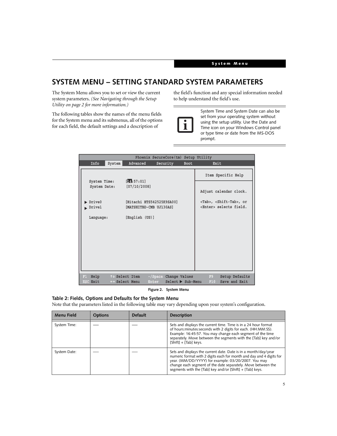 Fujitsu A6210 System Menu Setting Standard System Parameters, Fields, Options and Defaults for the System Menu, F1 Help 