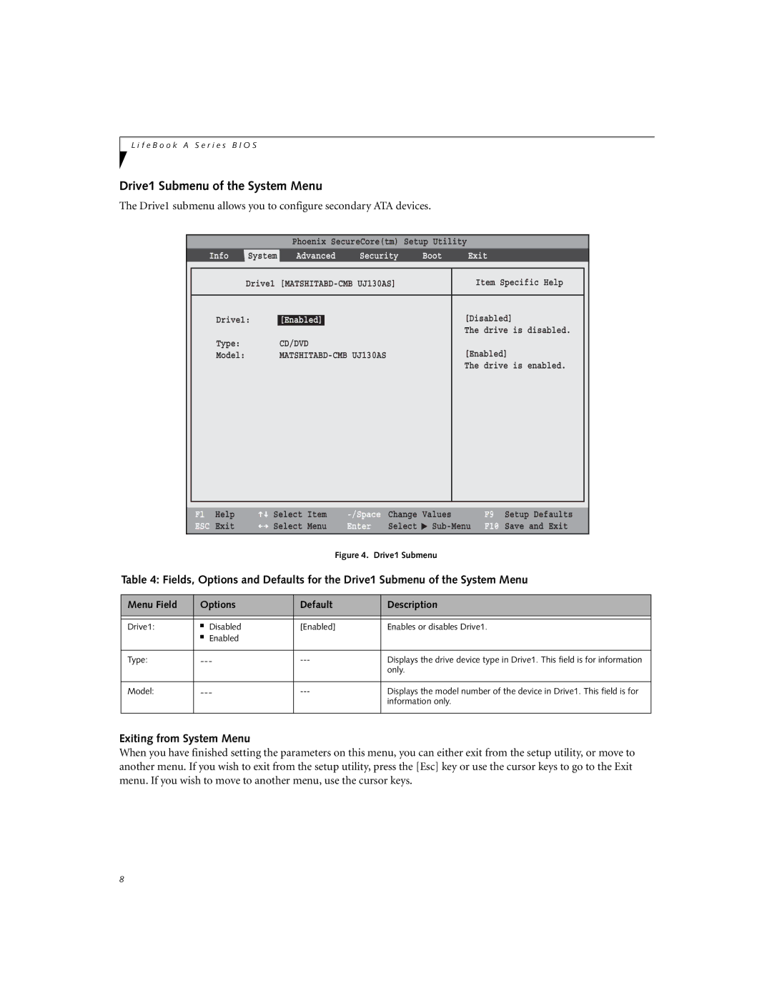 Fujitsu A6210 manual Drive1 Submenu of the System Menu, Exiting from System Menu, Boot Exit 