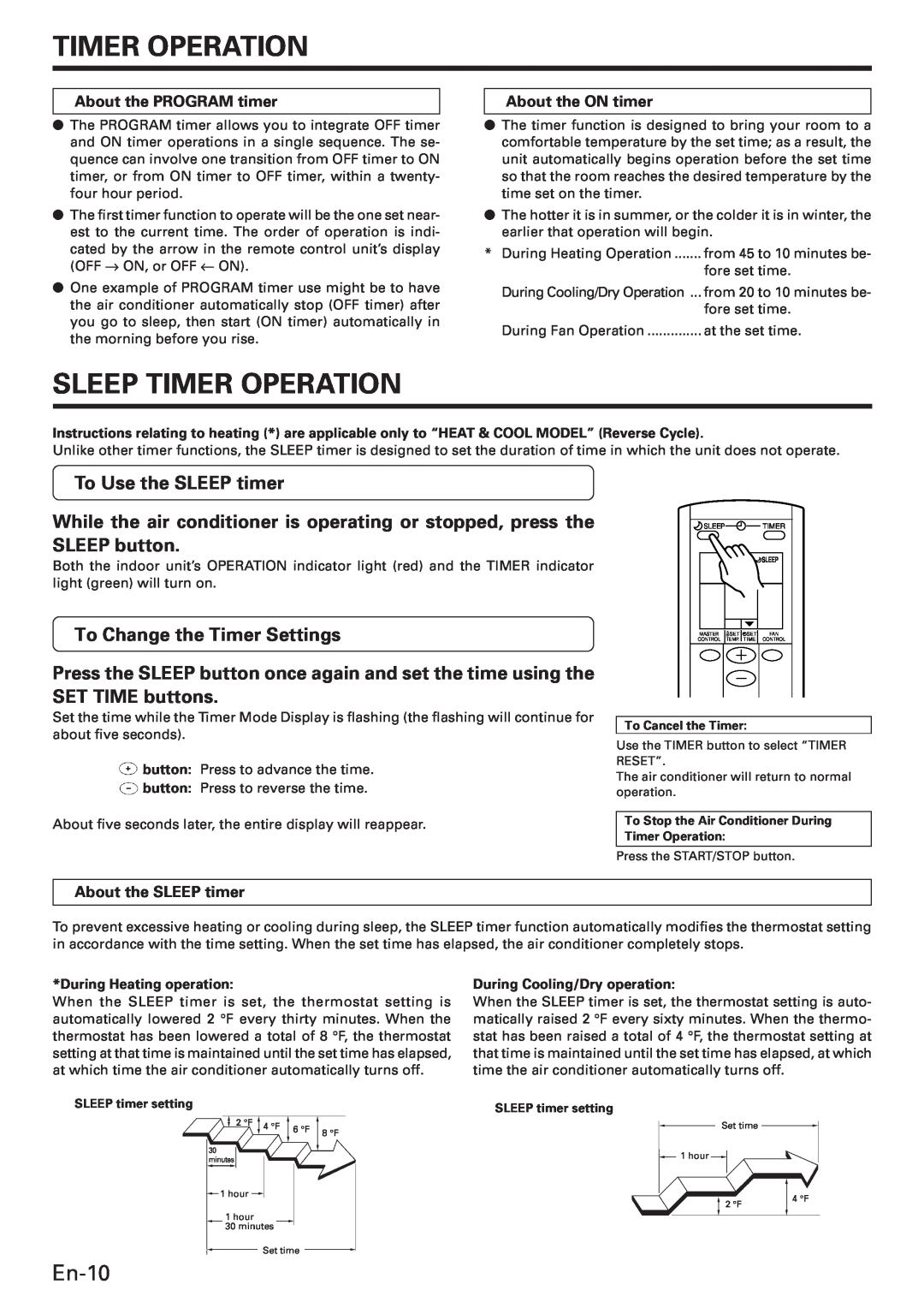 Fujitsu ABU30 Sleep Timer Operation, En-10, To Use the SLEEP timer, To Change the Timer Settings, During Heating operation 