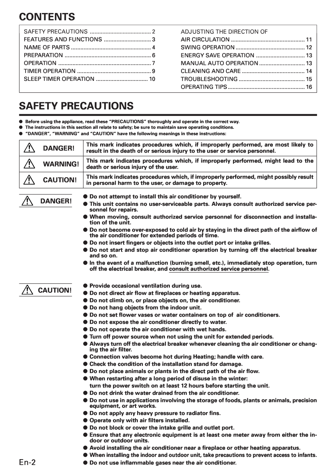 Fujitsu ABU30, Air Conditioner Ceiling Suspension Type manual Contents, Safety Precautions, En-2, Danger 