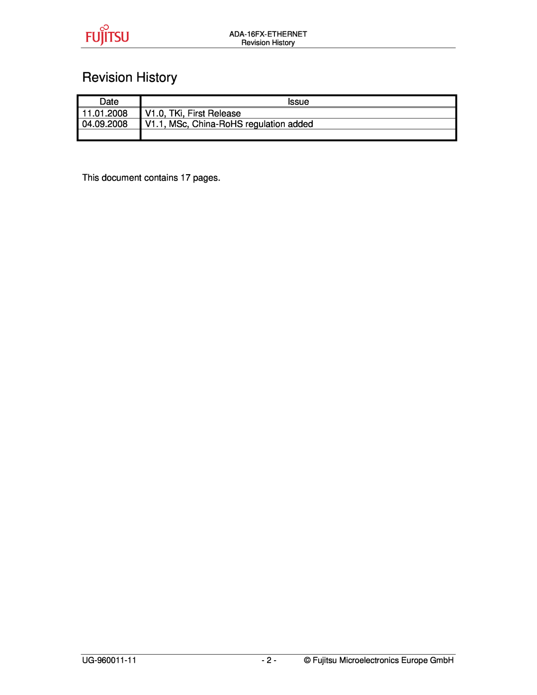 Fujitsu manual Revision History, Date, Issue, 11.01.2008, V1.0, TKi, First Release, 04.09.2008, ADA-16FX-ETHERNET 