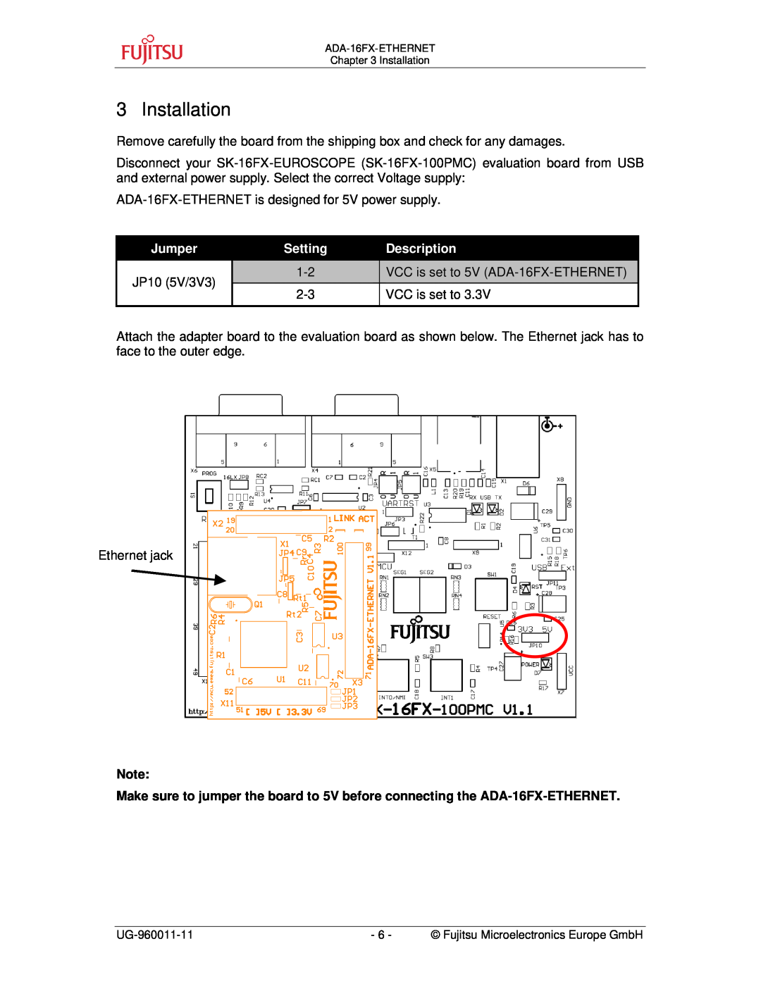 Fujitsu ADA-16FX manual Installation, Jumper, Setting, Description 