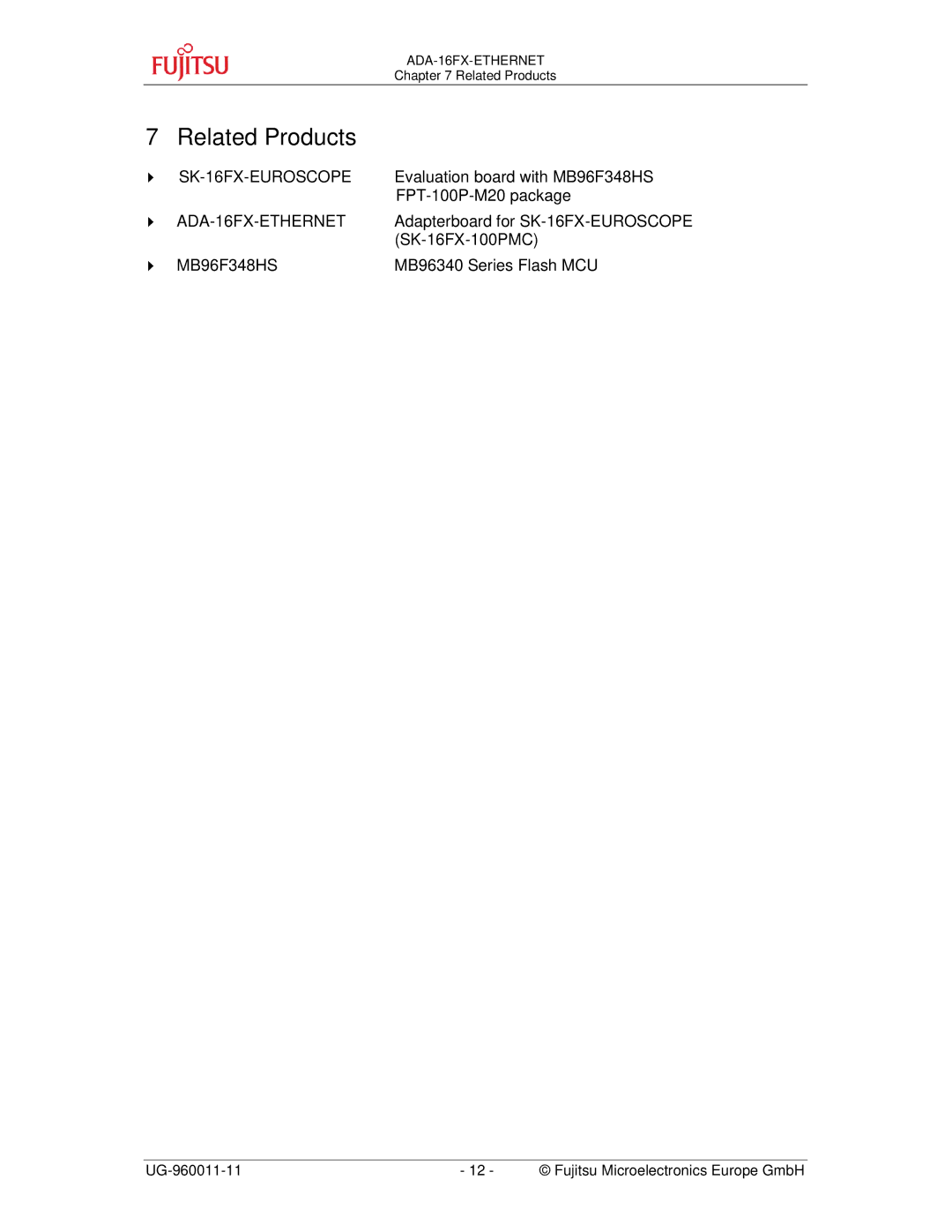 Fujitsu manual Related Products, ADA-16FX-ETHERNET 