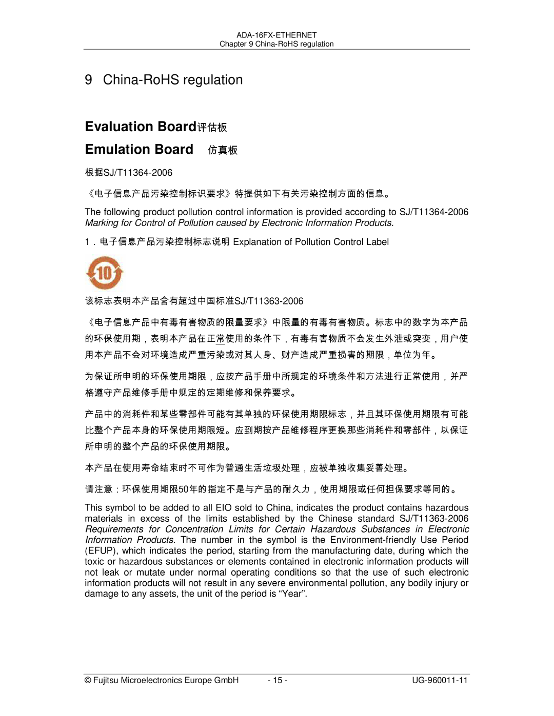 Fujitsu ADA-16FX manual China-RoHS regulation, Evaluation Board评估板 Emulation Board 仿真板 