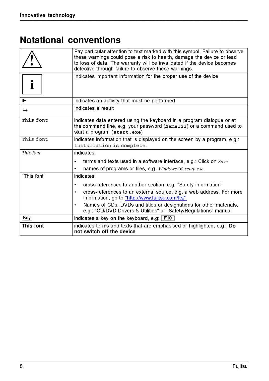 Fujitsu AH512, A512 manual Notational conventions, This font, Not switch off the device 