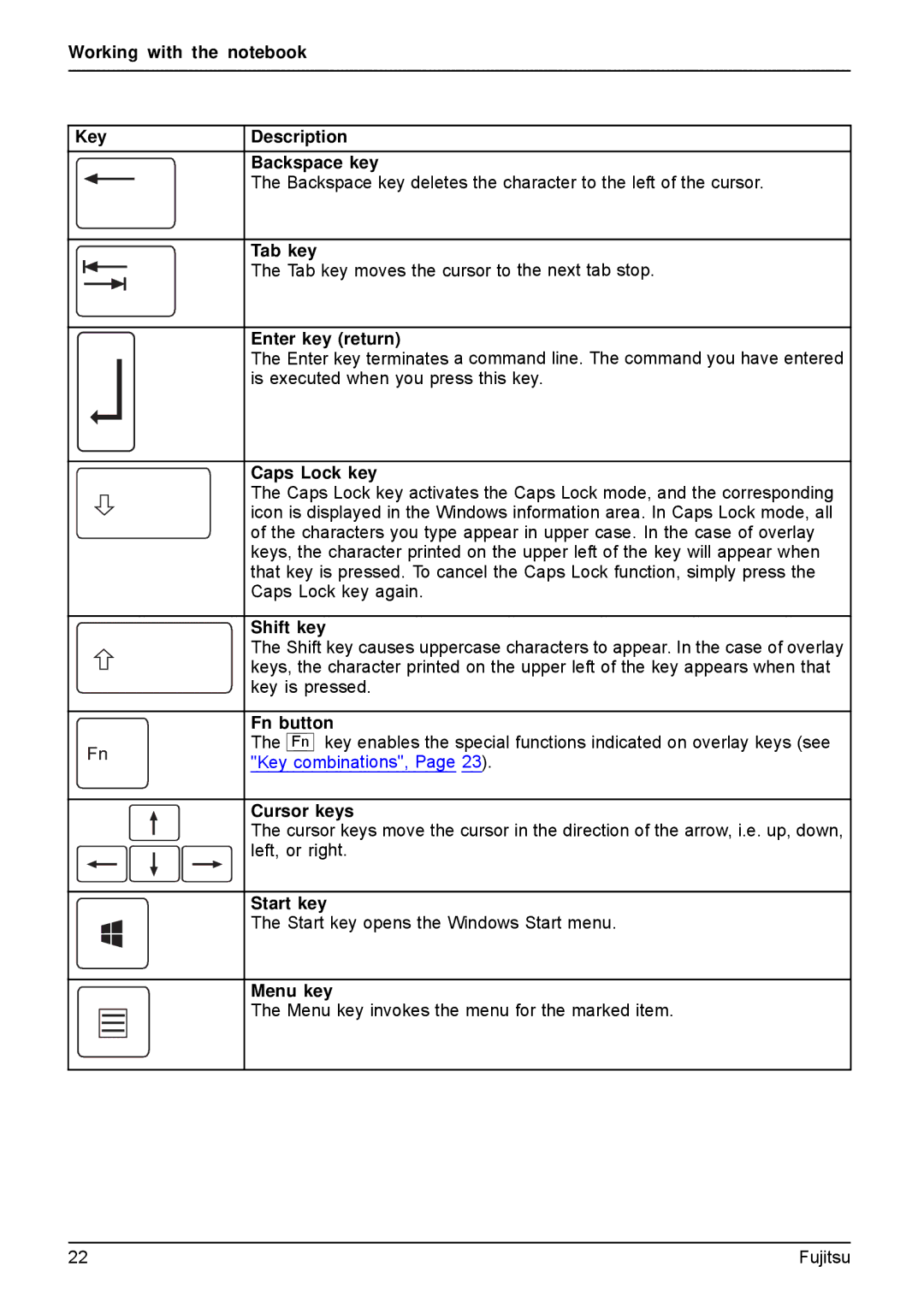 Fujitsu AH512 Working with the notebook Key Description Backspace key, Tab key, Enter key return, Caps Lock key, Shift key 