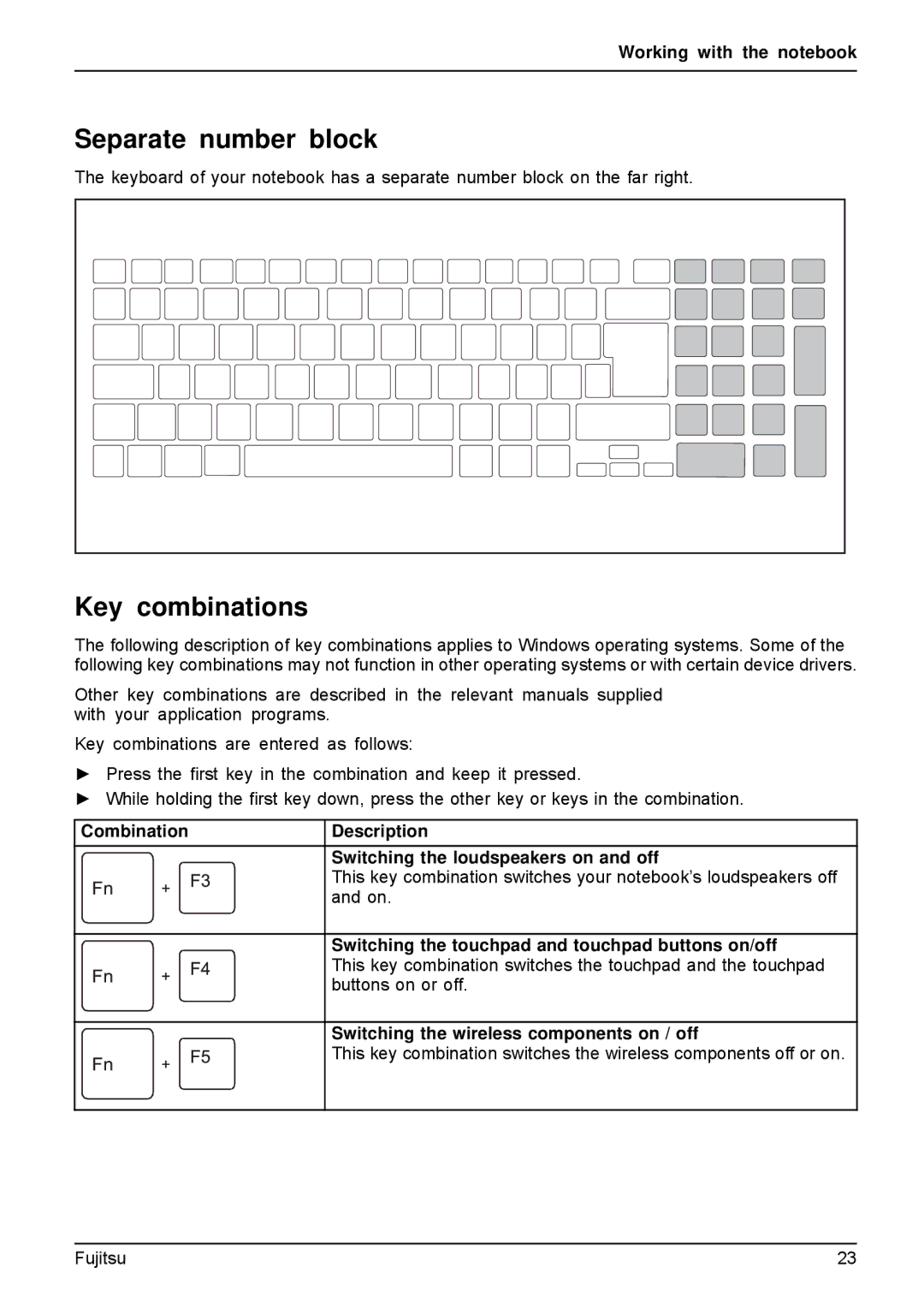 Fujitsu A512, AH512 manual Separate number block, Key combinations, Switching the wireless components on / off 