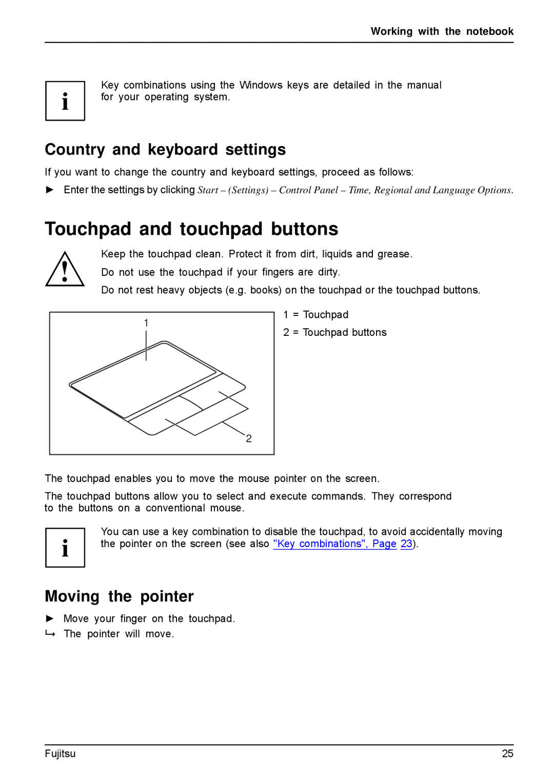 Fujitsu A512, AH512 manual Touchpad and touchpad buttons, Country and keyboard settings, Moving the pointer 