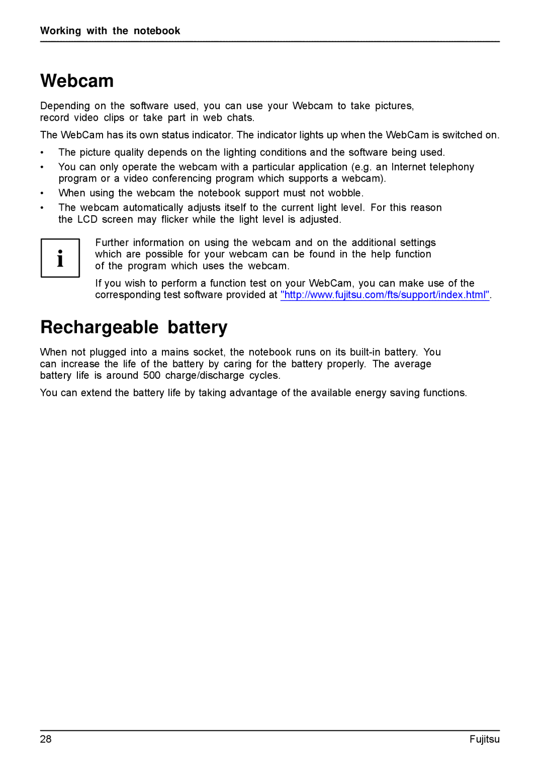 Fujitsu AH512, A512 manual Webcam, Rechargeable battery 