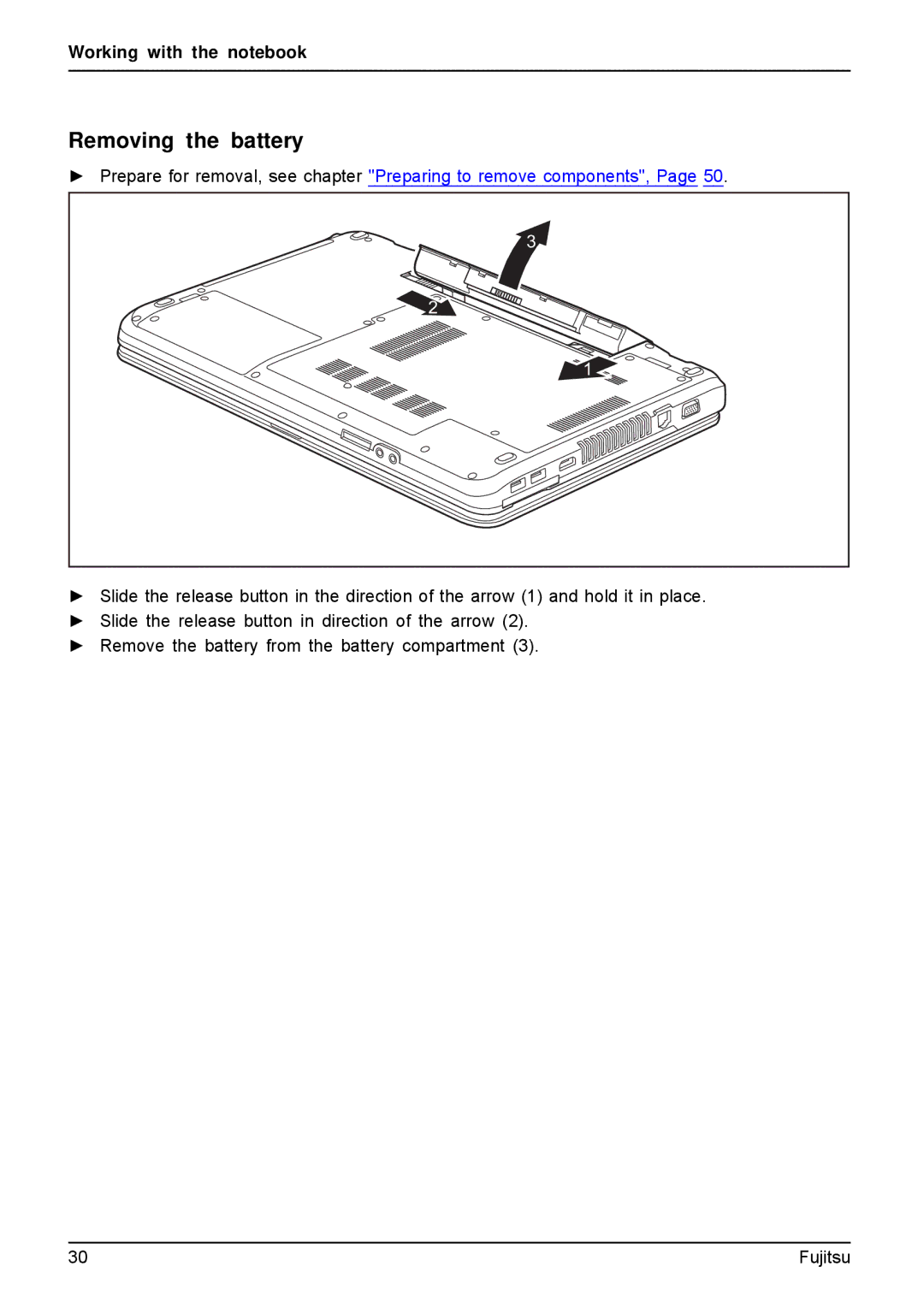 Fujitsu AH512, A512 manual Removing the battery 