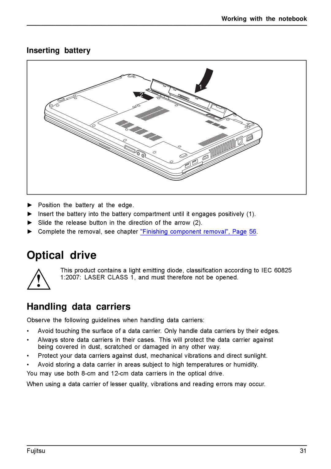 Fujitsu A512, AH512 manual Optical drive, Handling data carriers 