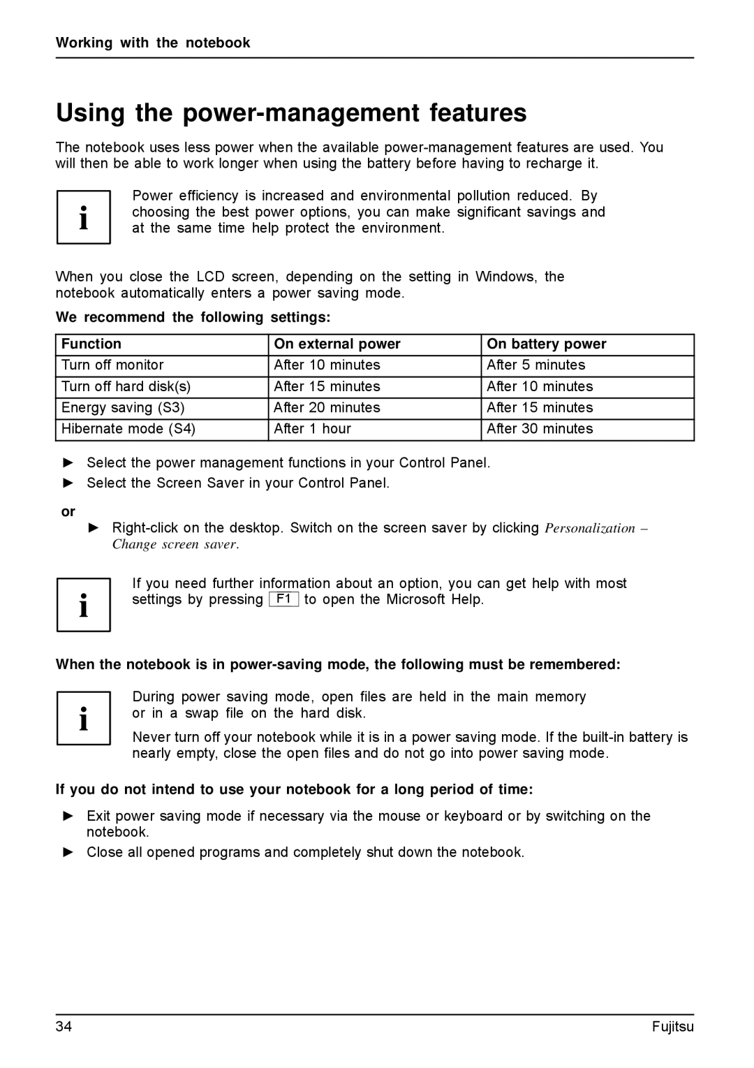 Fujitsu AH512, A512 manual Using the power-management features 