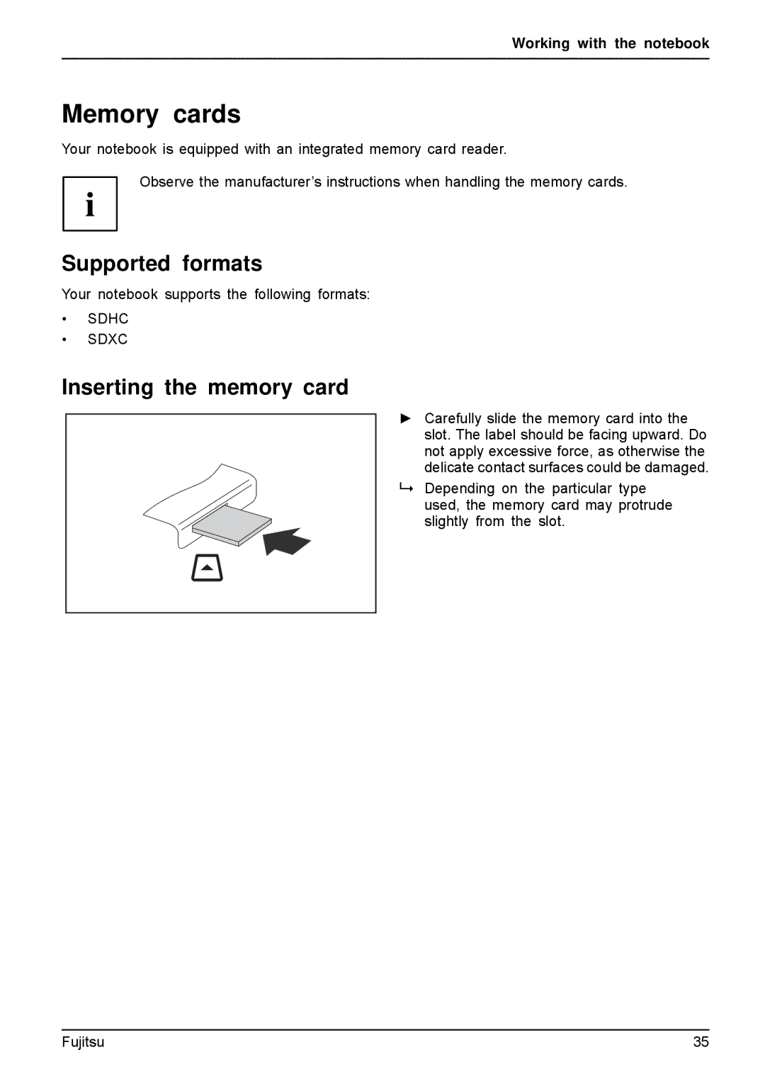 Fujitsu A512, AH512 manual Memory cards, Supported formats, Inserting the memory card 