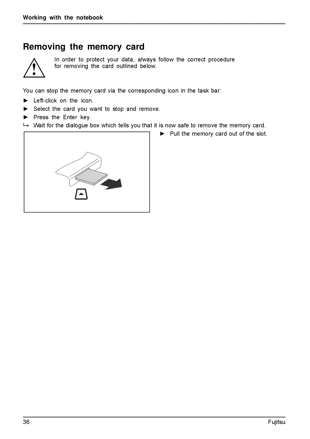 Fujitsu AH512, A512 manual Removing the memory card 