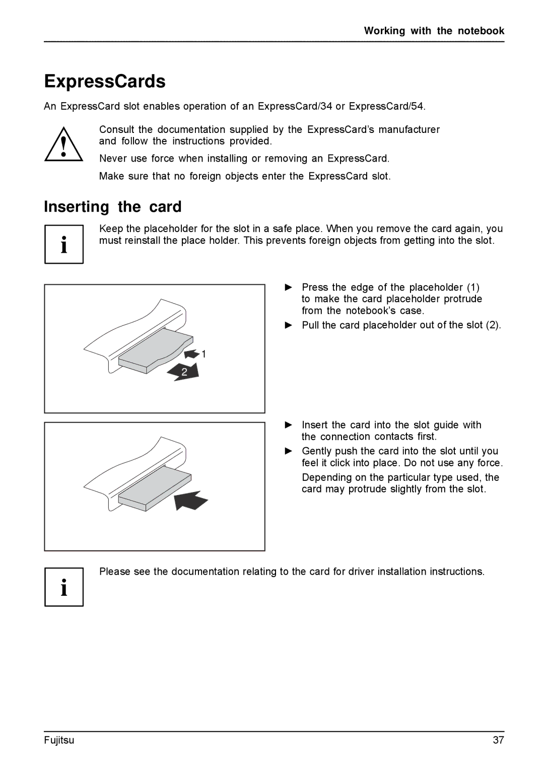 Fujitsu A512, AH512 manual ExpressCards, Inserting the card 