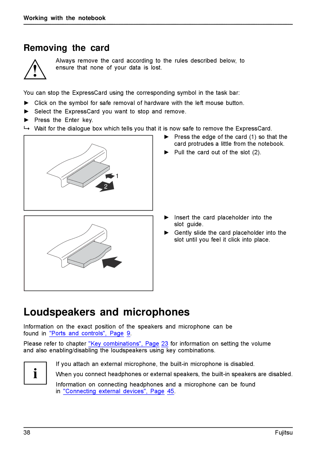 Fujitsu AH512, A512 manual Loudspeakers and microphones, Removing the card 