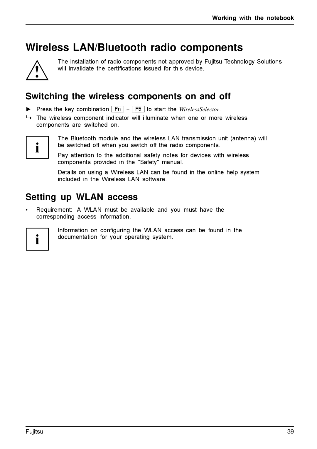 Fujitsu A512 Wireless LAN/Bluetooth radio components, Switching the wireless components on and off, Setting up Wlan access 