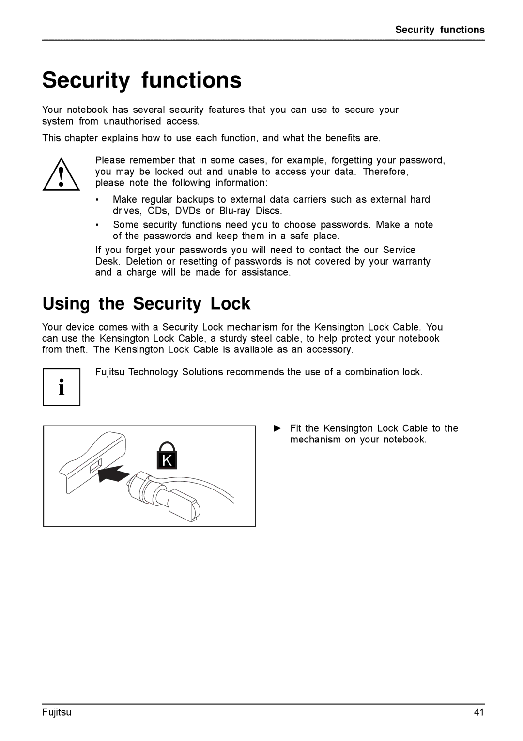 Fujitsu A512, AH512 manual Security functions, Using the Security Lock 